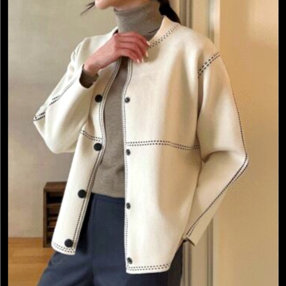 Sweaters - Cream button front sweater with contrast stitching